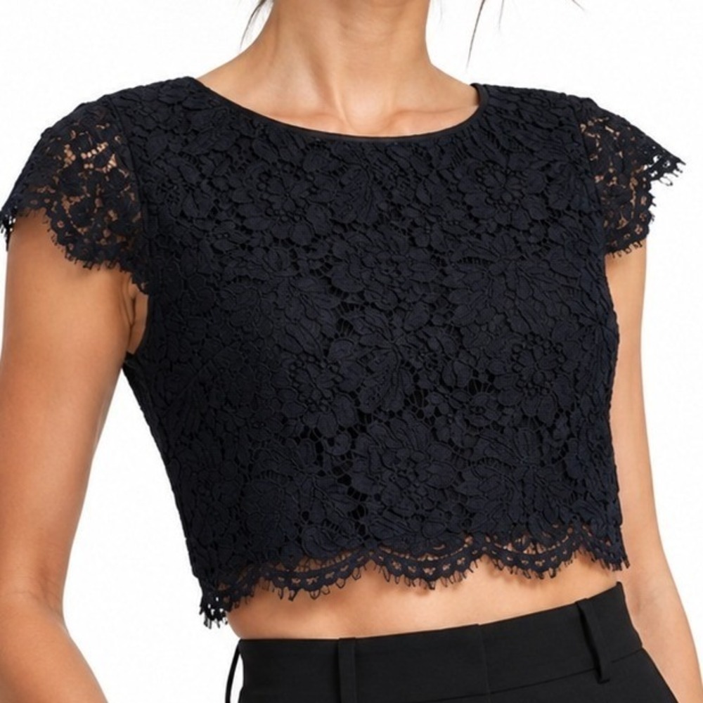 White House Black Market Black Floral Lace Cap Sleeve Crop Top 6 Zipper Back